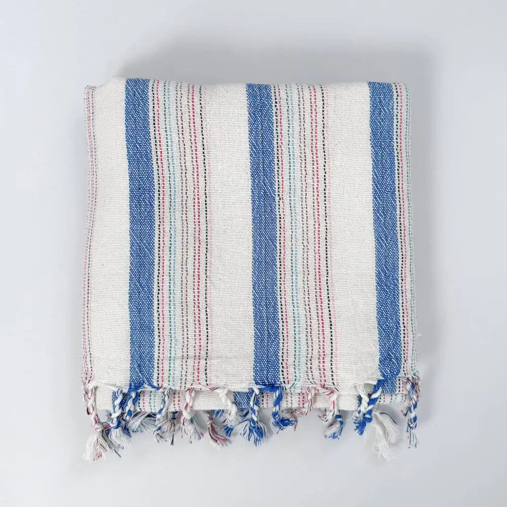 Folded Blue & Ivory Striped Turkish Hand Towel with tassels made of premium cotton hand towel