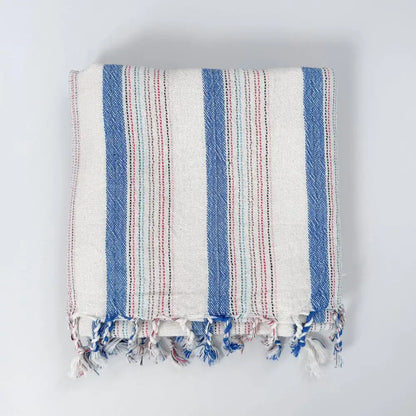 Folded Blue & Ivory Striped Turkish Hand Towel with tassels made of premium cotton hand towel