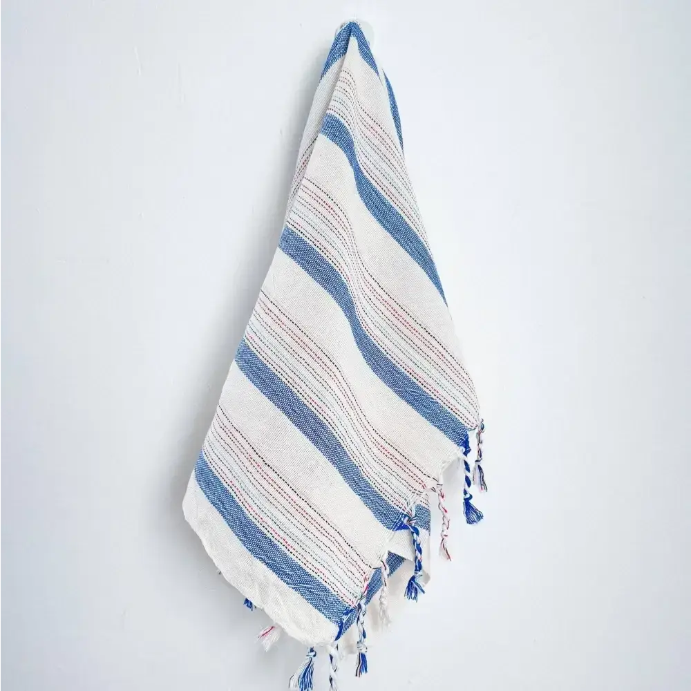 White and blue striped Turkish hand towel with tassels made from premium cotton hand towel