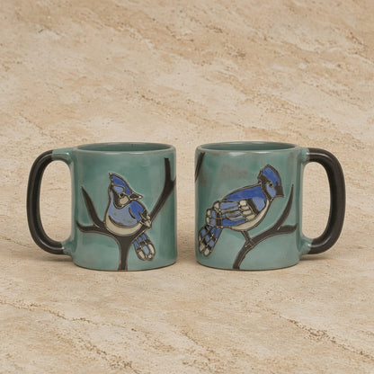 Blue jay stoneware xl sturdy mug with teal ceramic body black handle and hand painted blue jay by mara ceramica artisans