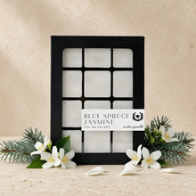 Black-framed box with twelve white jasmine wax melts labeled blue spruce by nectar and spallic phthalate-free fragrance