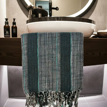 Dark green and gray striped Turkish towel with fringe, perfect as a bold stripes towel
