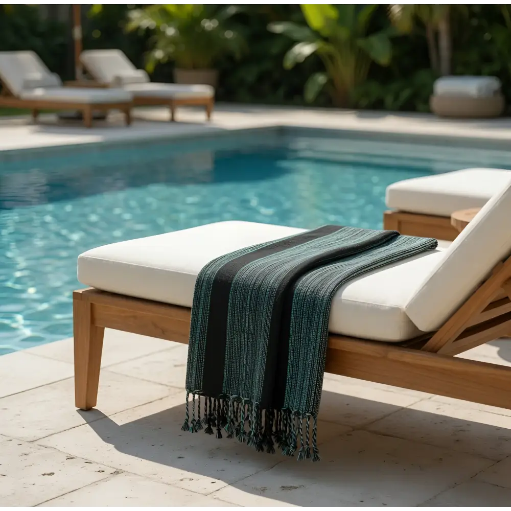 Teal and black striped bold stripes towel handwoven turkish towels throw blanket with fringe