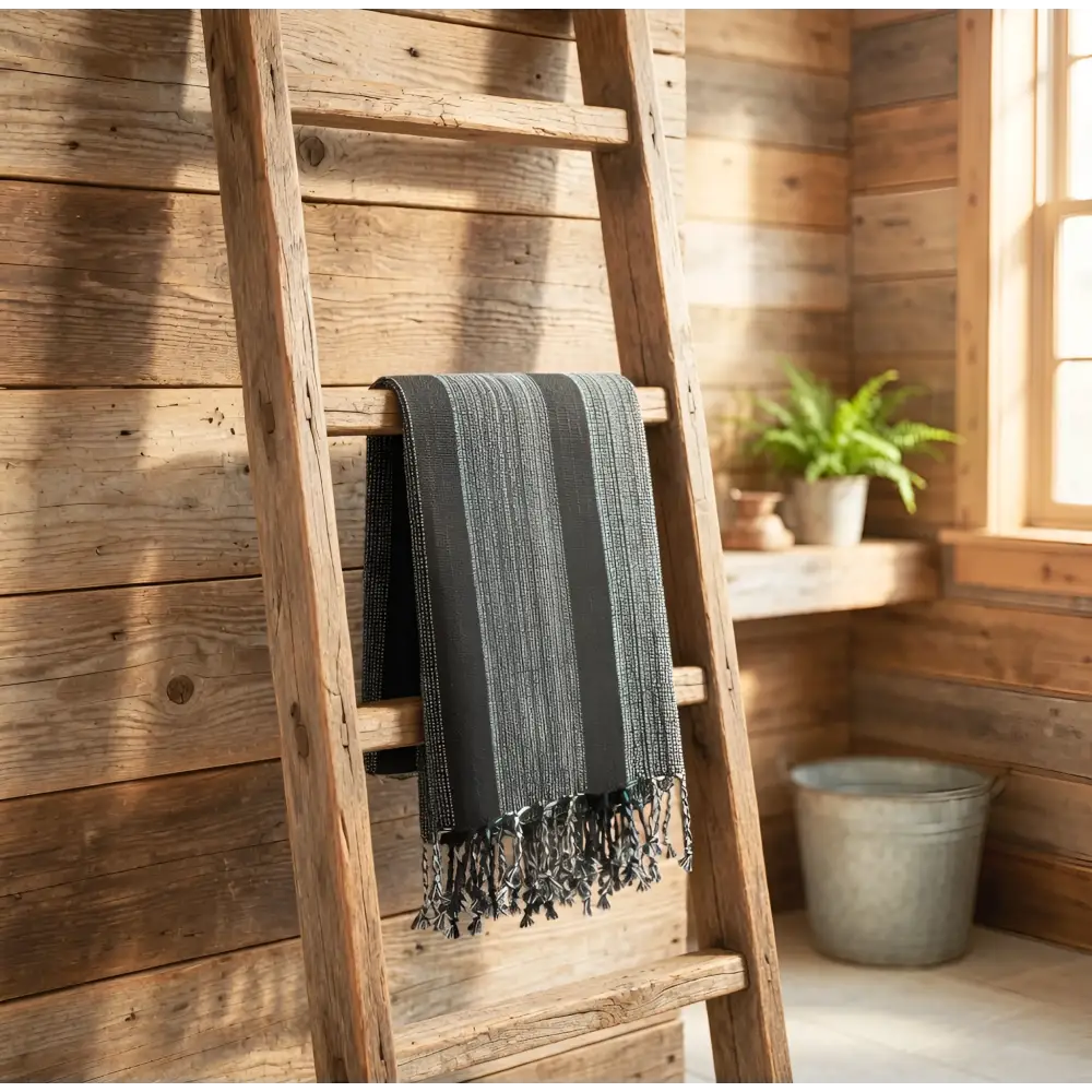A dark gray bold stripes towel turkish towel handwoven striped towel hanging on a rustic wooden ladder with fringed edges
