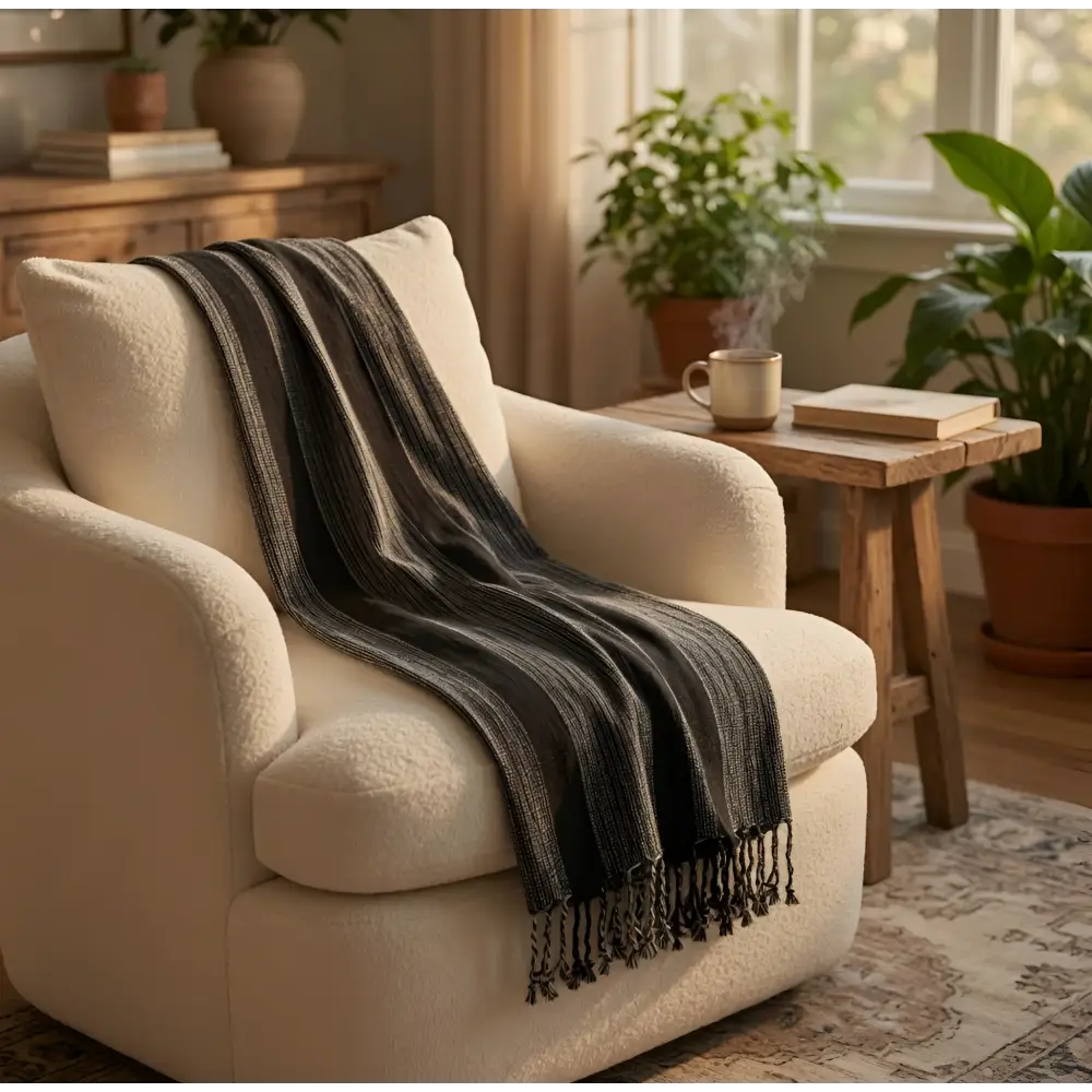 Cream-colored plush armchair draped with bold stripes turkish towels dark gray handwoven striped towel