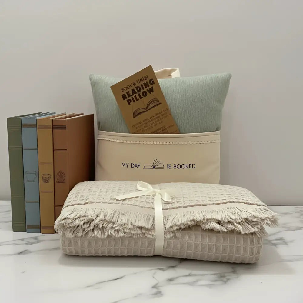 Handcrafted beige waffle blanket with fringed edges in Bookworm Nest set