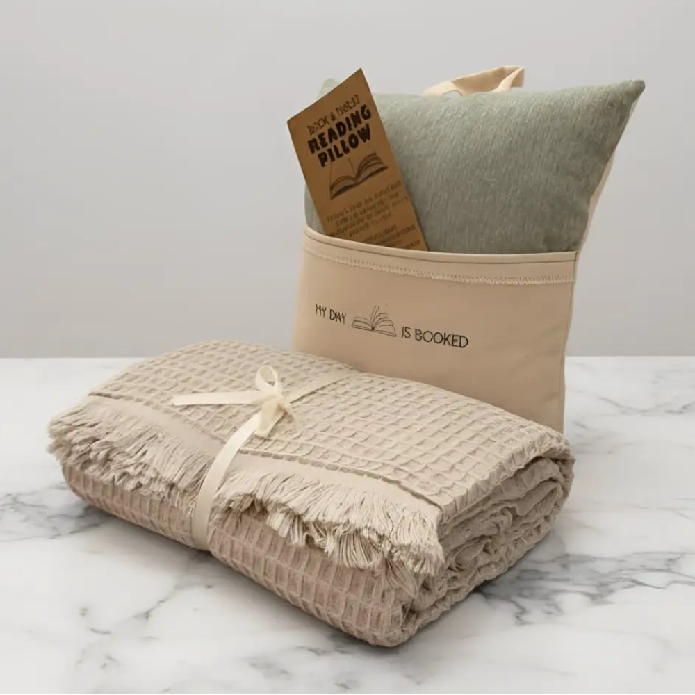 Handmade beige waffle-weave throw with fringed edges in Bookworm Nest set