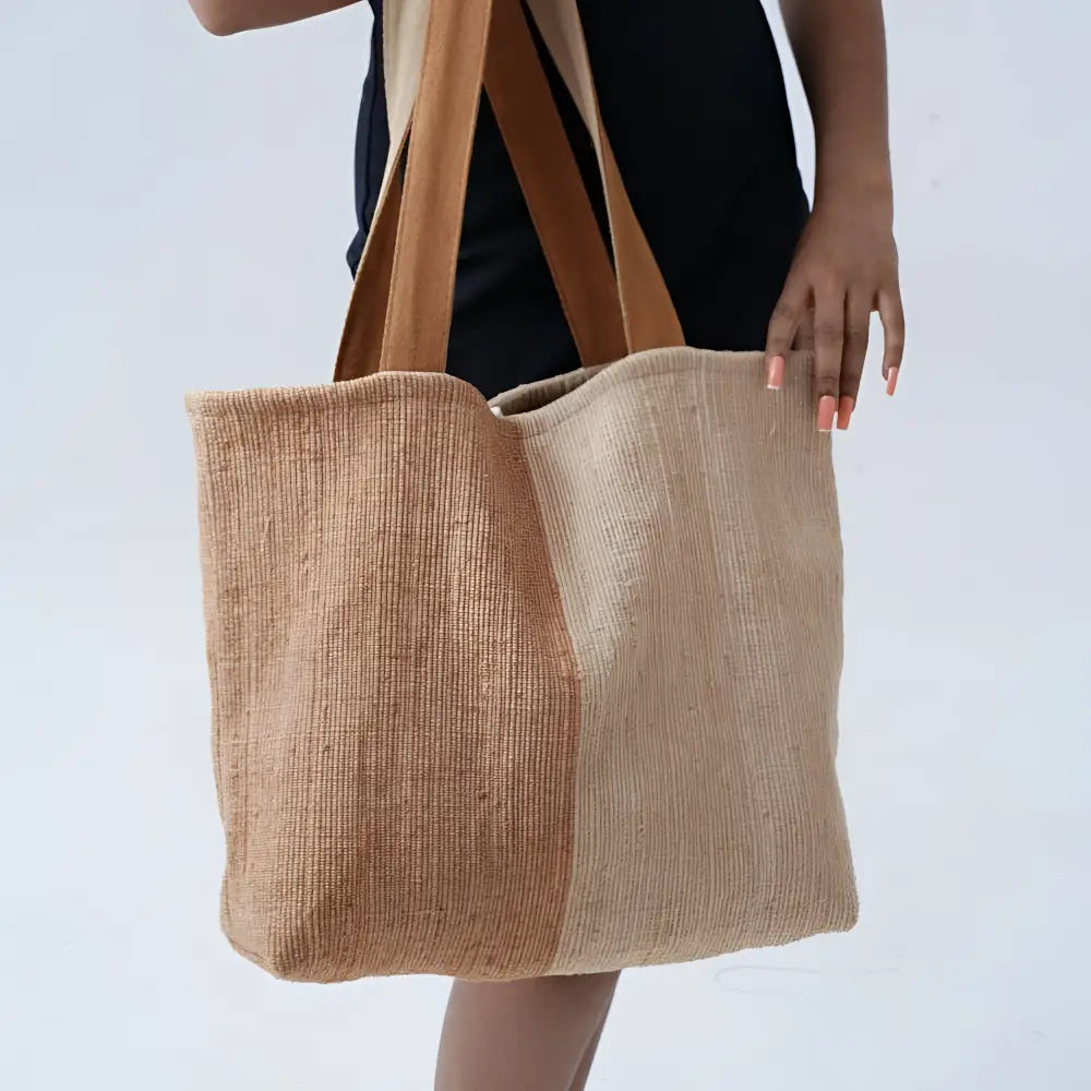 Beige handwoven ethiopian cotton tote bag with tan leather straps perfect cotton tote bag for everyday use