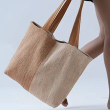 Beige handwoven ethiopian cotton tote bag with tan leather handles perfect for everyday use