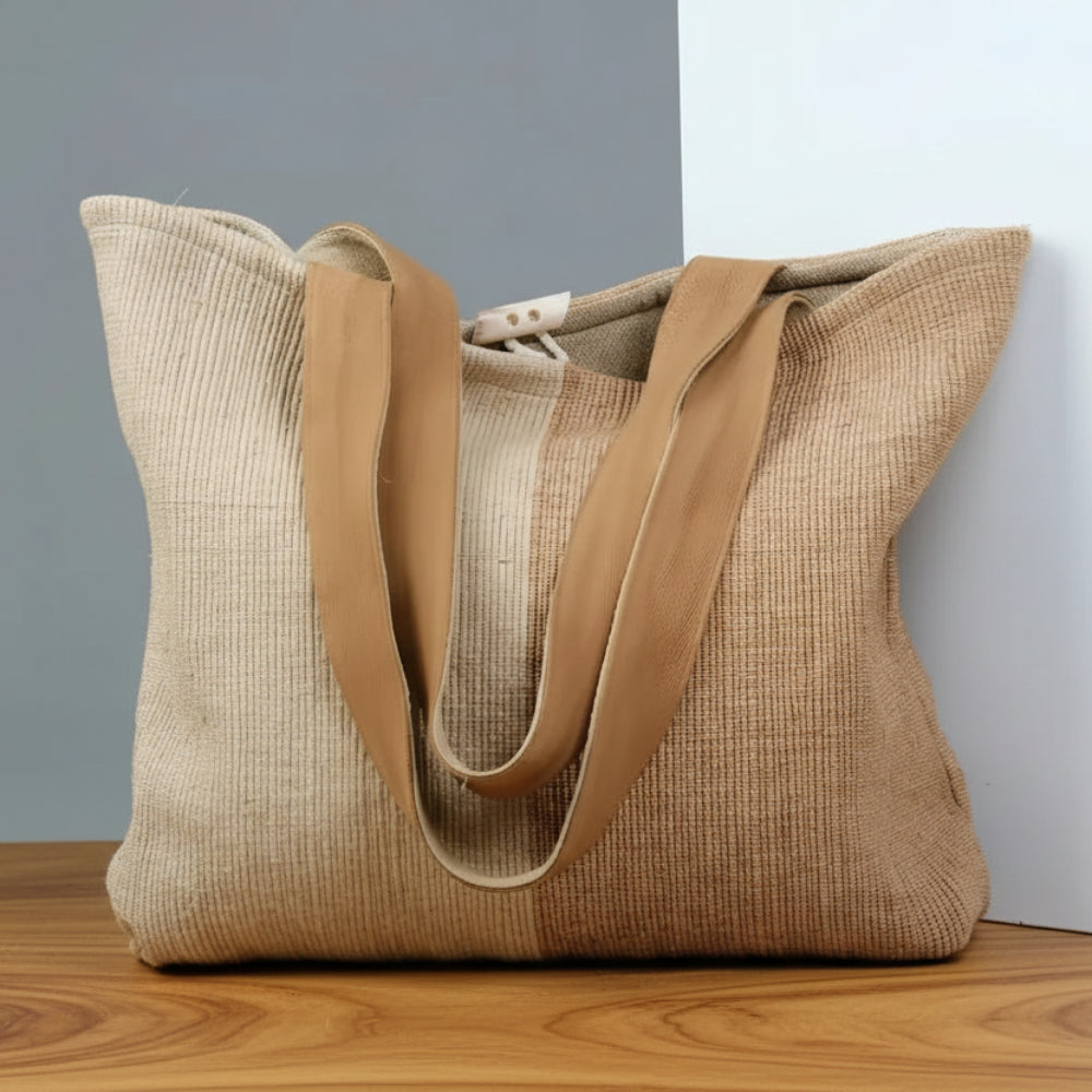 Beige woven canvas ethiopian cotton tote bag with tan suede straps perfect for everyday use