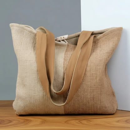 Beige woven canvas ethiopian cotton tote bag with tan suede straps perfect for everyday use