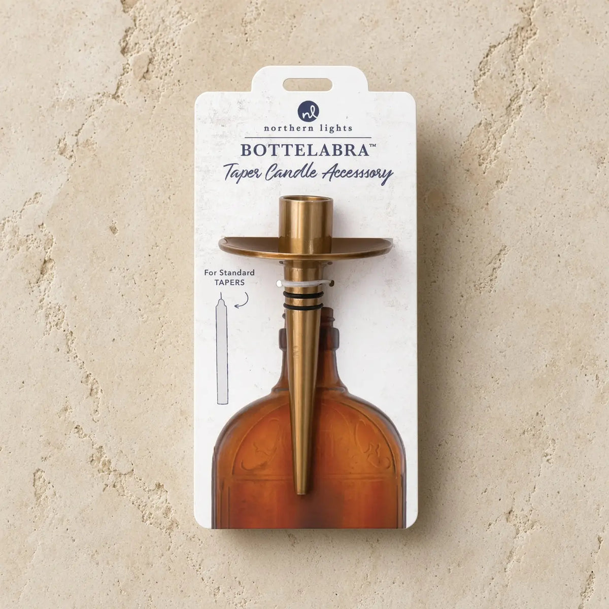Brass bottelabra™ taper holder with flat base and tapered stem featuring rubber rings lock for instant candelabra setup