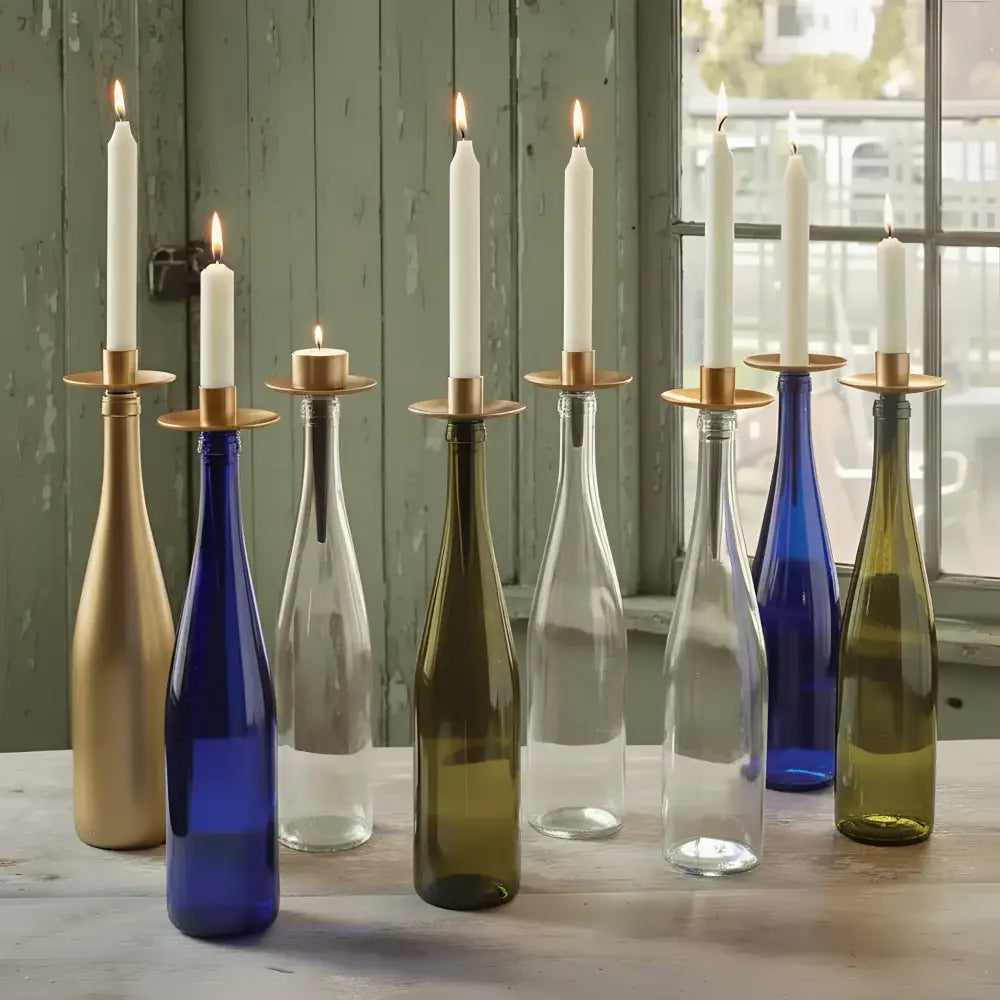 A set of seven glass bottles with brass bottelabra™ taper holders and white taper candles transforms bottles into decor