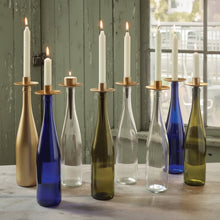 Handmade eco-friendly colorful glass Bottelabra™ tealight gold candle holders with metallic rims and stems