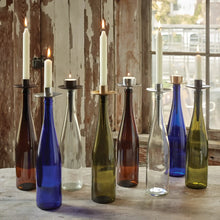 Handmade eco-friendly colorful glass Bottelabra™ tealight gold candle holders with metallic rims and stems