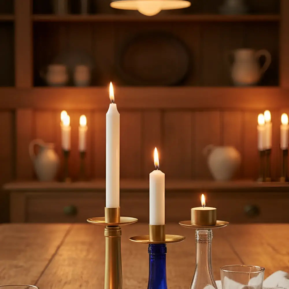 White taper candles in brass Bottelabra elegant candelabras securely transform empty blue and clear glass bottles with rubber rings