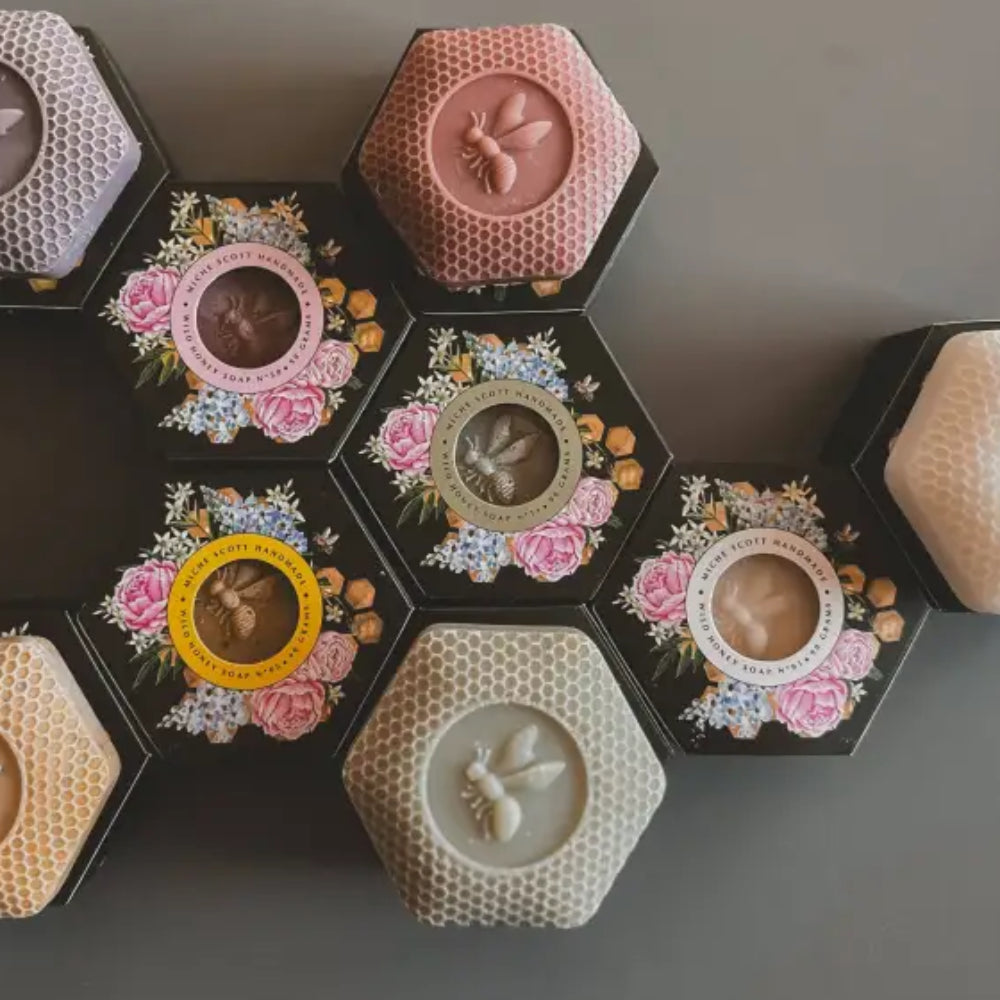 Pastel honeycomb honey soap bars with bee design, boxed delightful escape