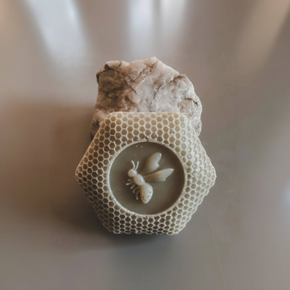 Hexagonal honeycomb honey soap with bee design in Boxed Bee Design Wild Honey Soap N° 11
