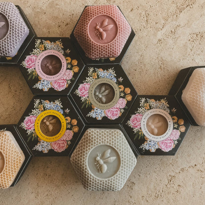 Box of handcrafted bee design wild honey soap n° 11 in pastel earthy tones with french green clay artisan wild honey handmade soap