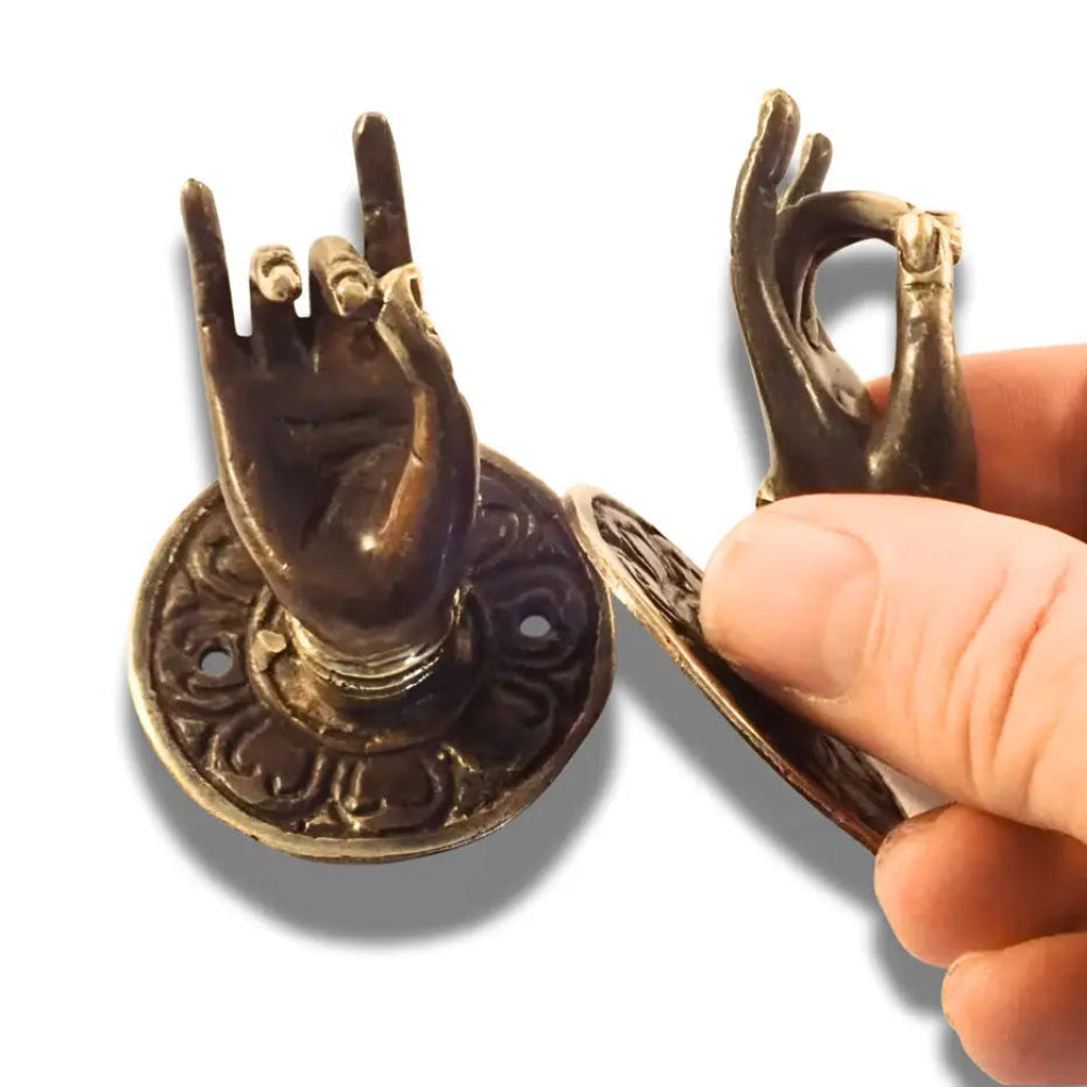 Antique brass towel hook and jewelry holder set with hand shape and engraved circular base for boho decor