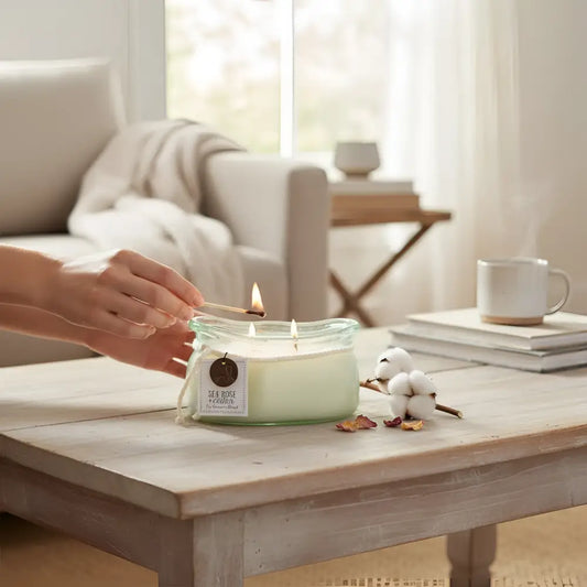 Green glass jar candle with cotton branch and wooden wick from Bubble Glass Candle Collection