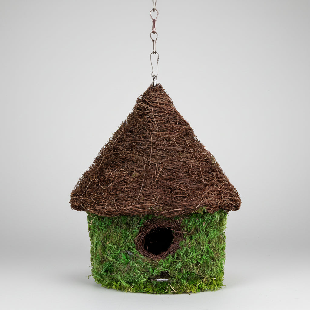 Charming bungalow woven birdhouse in fresh green with moss and thatched roof