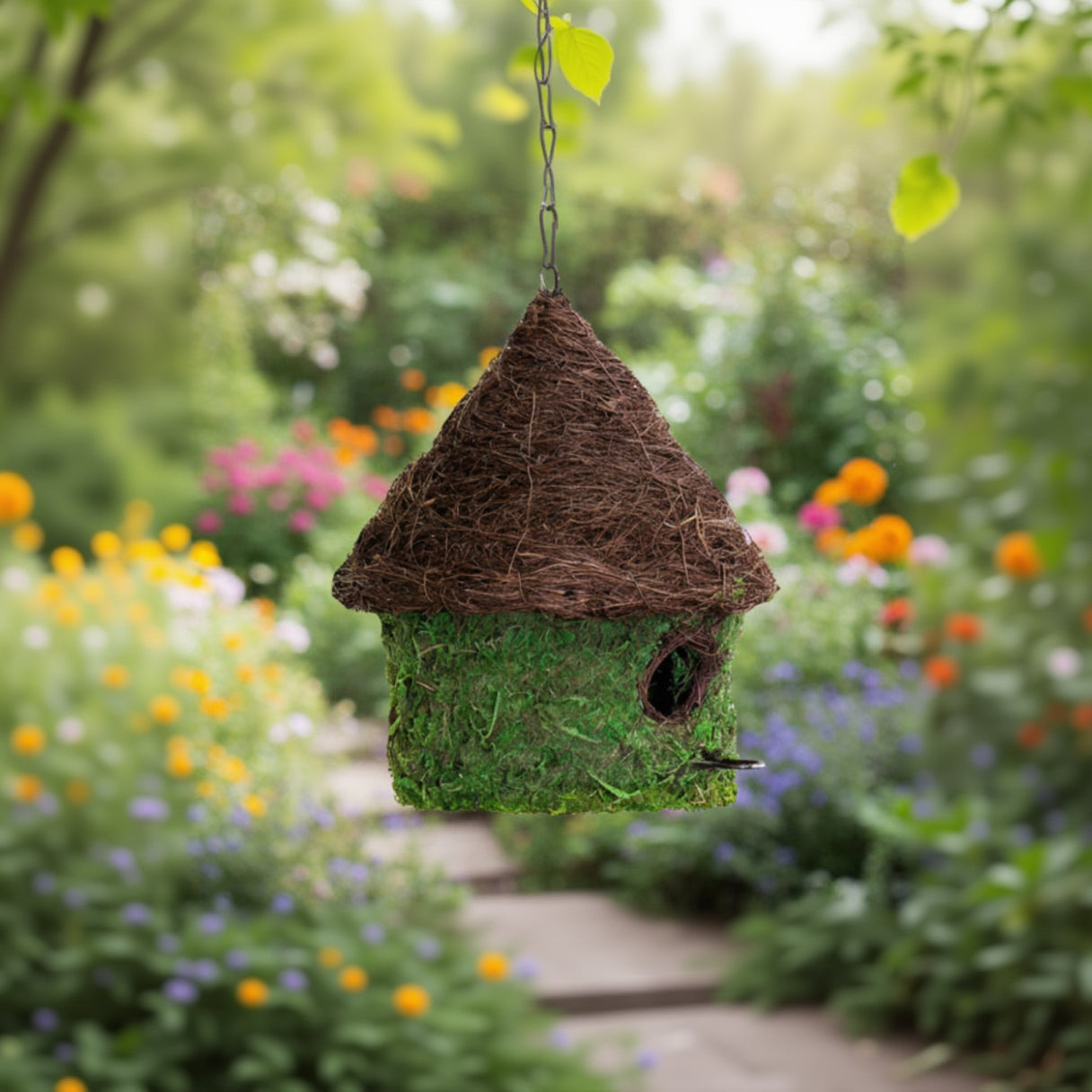 Charming bungalow woven birdhouse in fresh green with twig roof and mossy walls