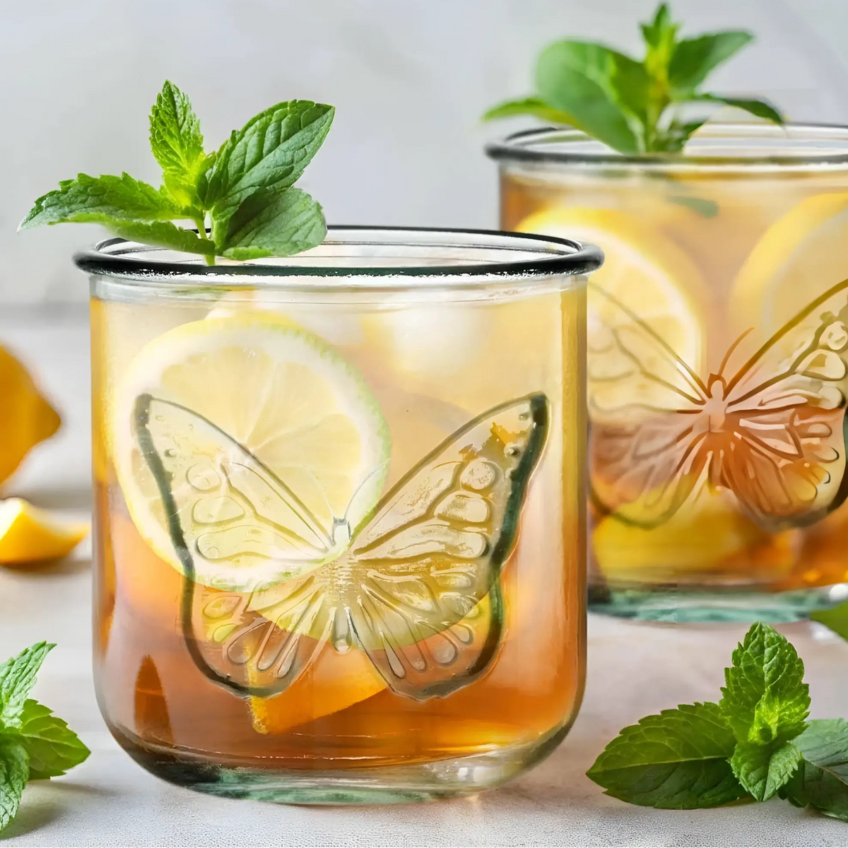 Clear handmade recycled glass tumbler with black rim and butterfly design filled with iced tea and mint leaves