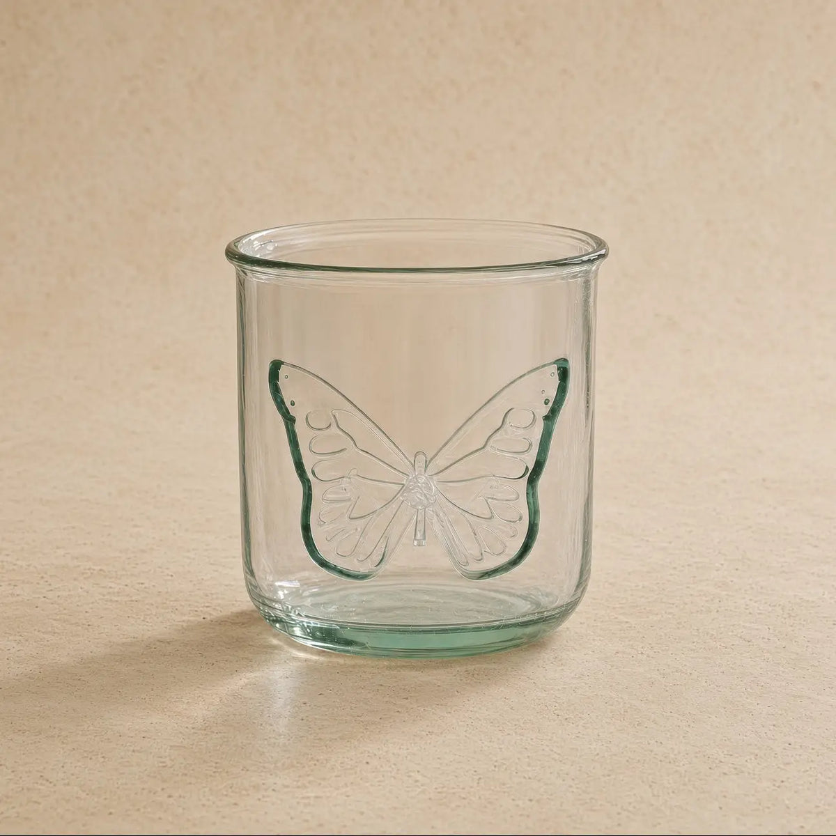 Butterfly embossed recycled glass tumbler 10 oz with handmade green outlined butterfly design eco friendly candle holder