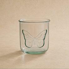 Butterfly embossed recycled glass tumbler 10 oz with handmade green outlined butterfly design eco friendly candle holder