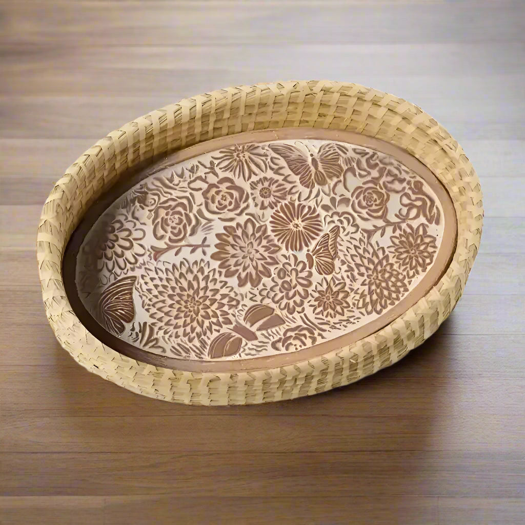Handmade Butterfly Garden bread warming basket with floral embossed oval base