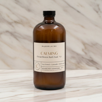 Handmade Baudelaire Calm Ocean Breeze bath soak bottle with dried lavender and organic seaweed