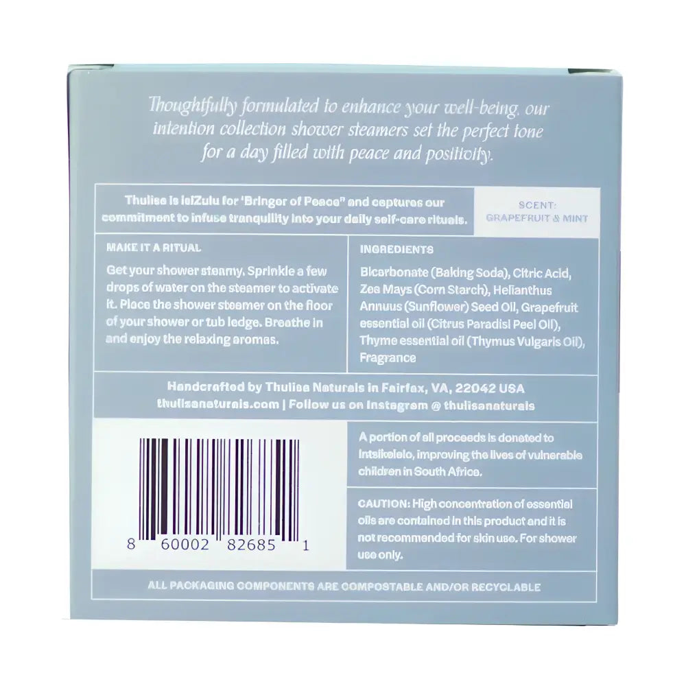 Calm Shower Steamers lavender-geranium 4-pack gift set box with barcode