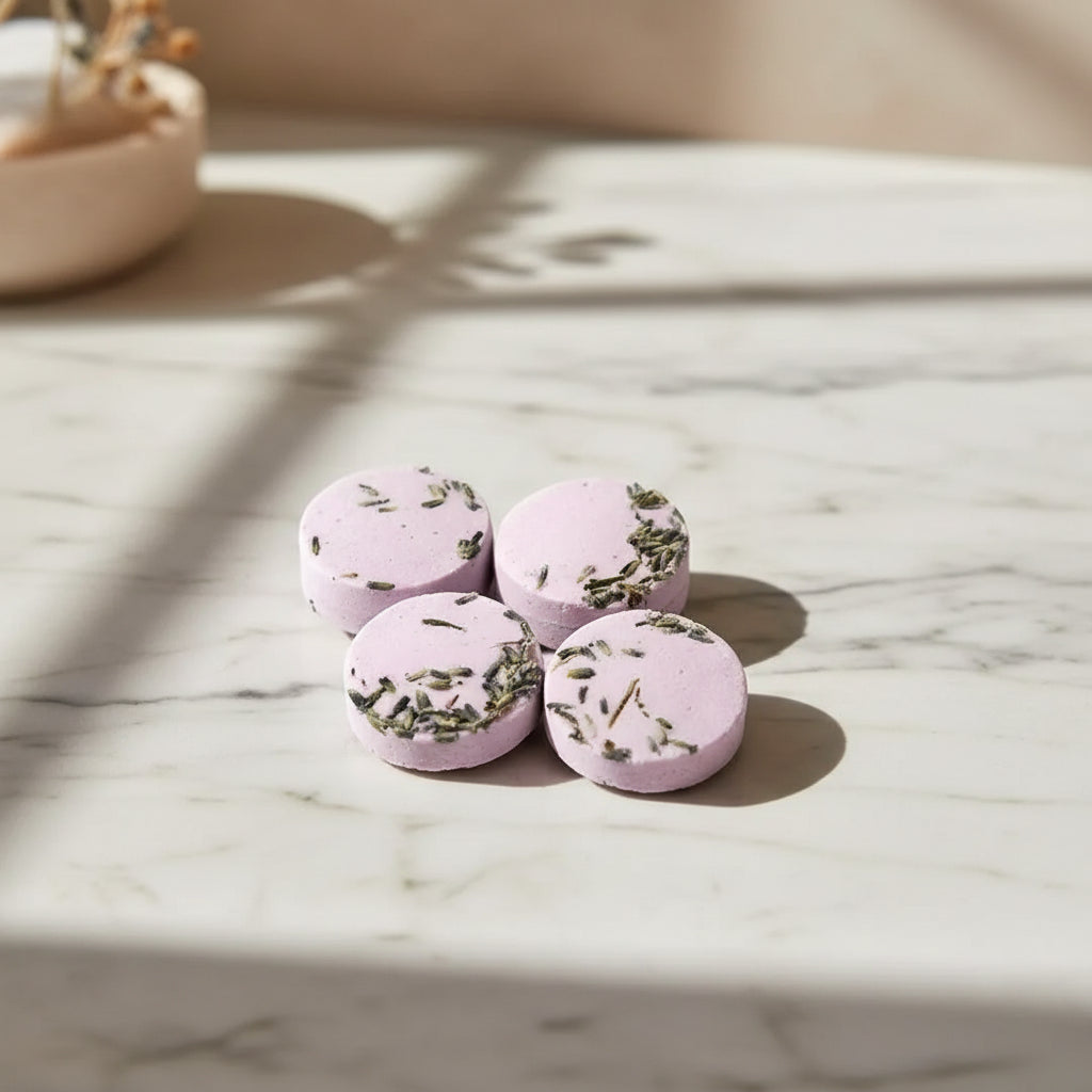 Artisanal lavender-geranium shower steamers with dried herbs and petals, 4-pack gift set