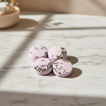 Artisanal lavender-geranium shower steamers with dried herbs and petals, 4-pack gift set