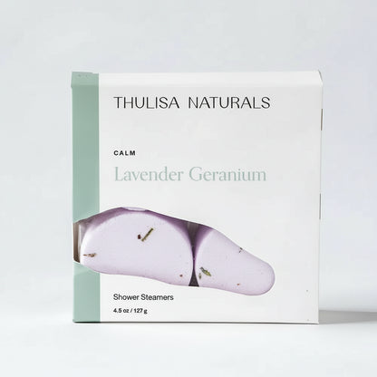 Calm lavender geranium shower steamer 4-pack gift set by Thulisa Naturals