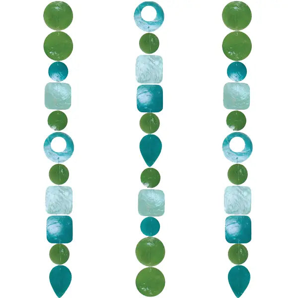 Handmade eco-friendly capiz strand tide pool teal with green and teal beads in circular square and teardrop shapes