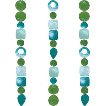 Handmade eco-friendly capiz strand tide pool teal with green and teal beads in circular square and teardrop shapes