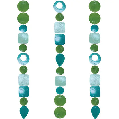 Handmade eco-friendly capiz strand tide pool teal with green and teal beads in circular square and teardrop shapes
