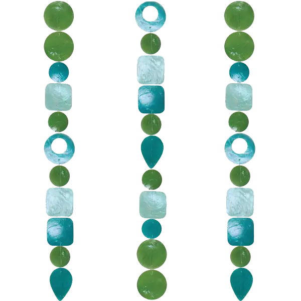 Handmade eco-friendly capiz strand tide pool teal with green and teal beads in circular square and teardrop shapes