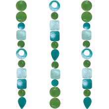 Handmade eco-friendly capiz strand tide pool teal with green and teal beads in circular square and teardrop shapes
