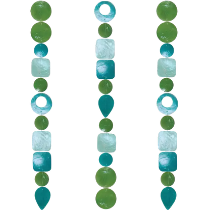 Handmade eco-friendly capiz strand tide pool teal with green and teal beads in circular square and teardrop shapes