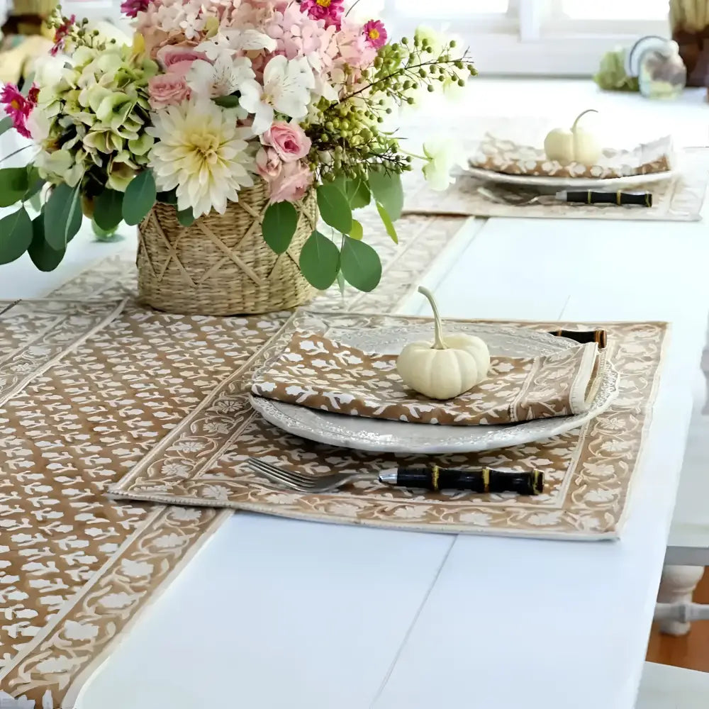 Caramel Block Print Table Runner - 14’’x92’’ - Table Runners