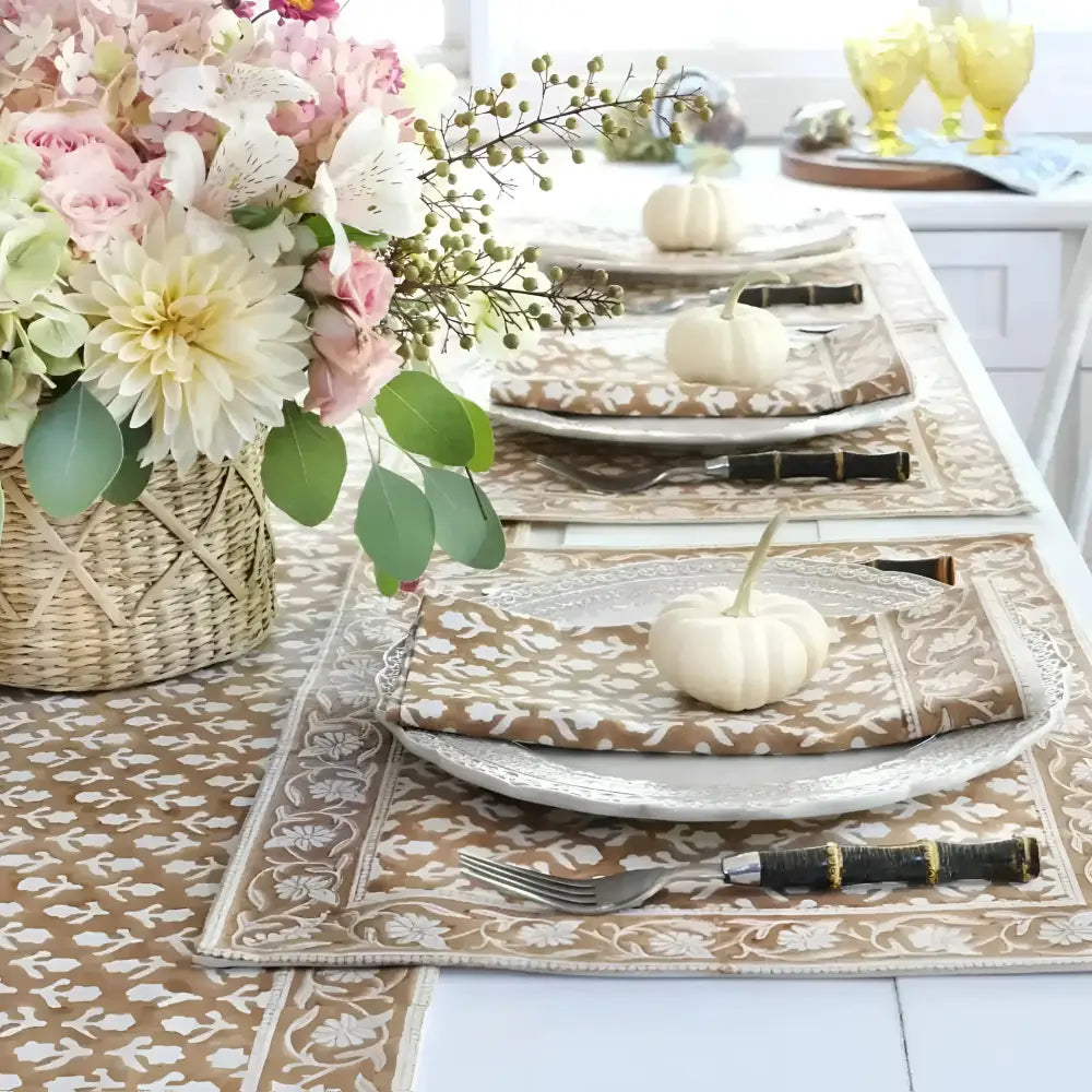 Caramel Block Print Table Runner - 14’’x92’’ - Table Runners