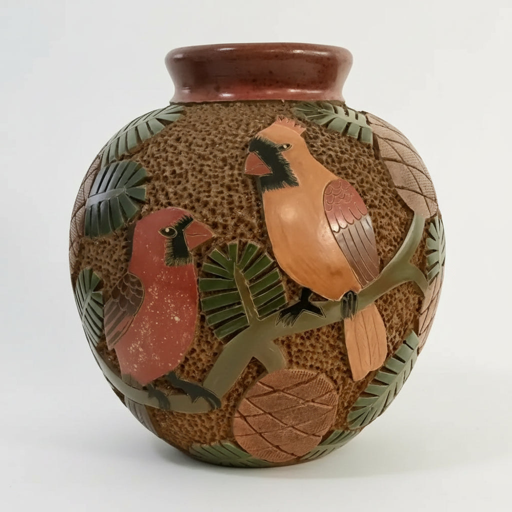 Charming carved clay cardinal vase with painted cardinals, pine needles, and pinecones