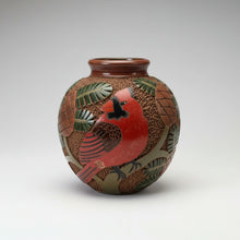Brown ceramic vase with charming cardinals and pine cones, carved clay cardinal design