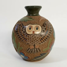 Brown carved clay owl vase with intricate carvings and floral design for home decor