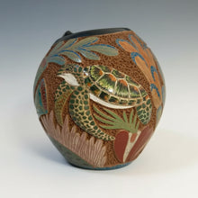 Carved Clay Turtle Vase with embossed sea turtle and coral reef design to celebrate ocean vibes