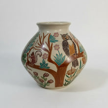 Carved Clay Woodland Vase with owl, squirrel, trees, and flowers design for woodland vase showcases