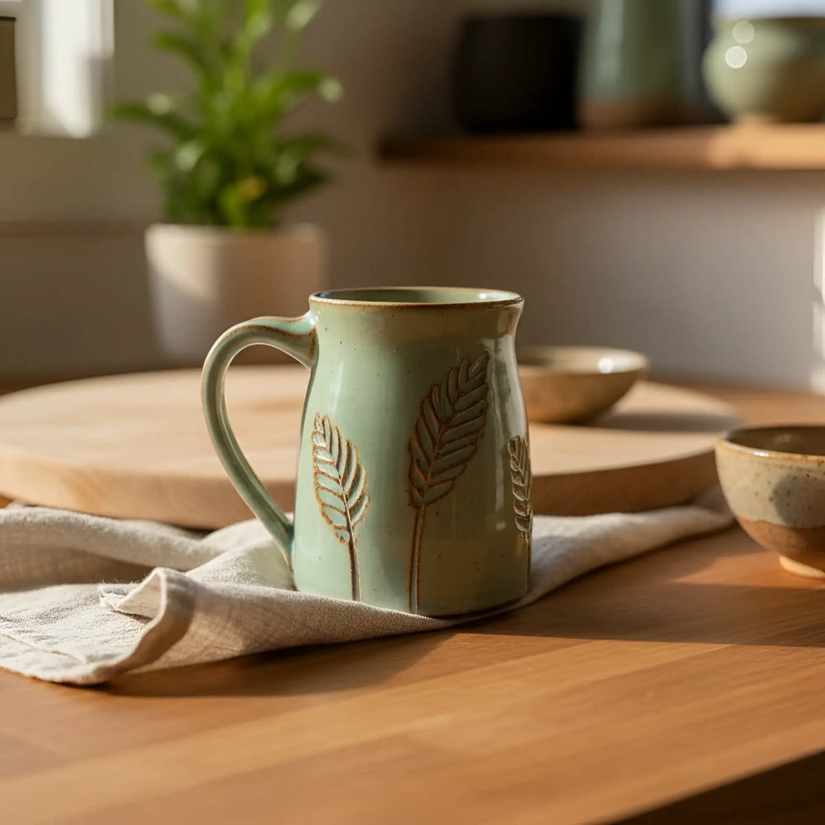 Light green carved leaf mug keeps hot longer
